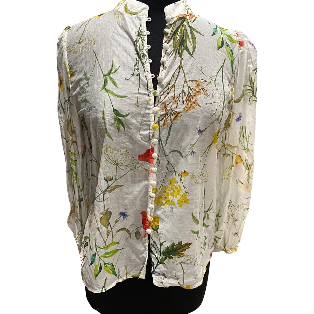 Bailey 44 Wildflower Botanical Print Button Blouse White Small Smocked Cuff